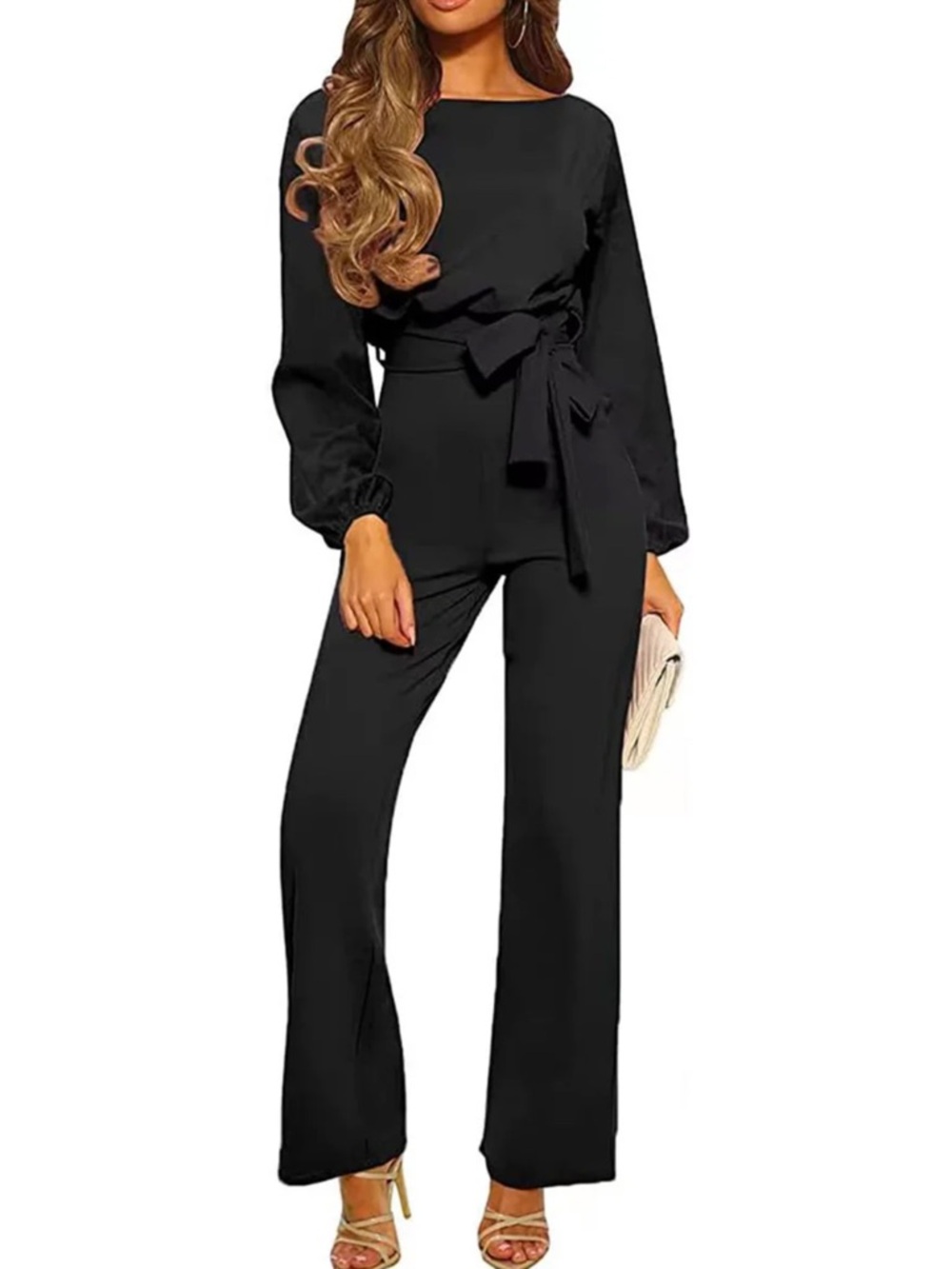Elegant Black Long Sleeve Wide-Leg Jumpsuit with Waist Tie
